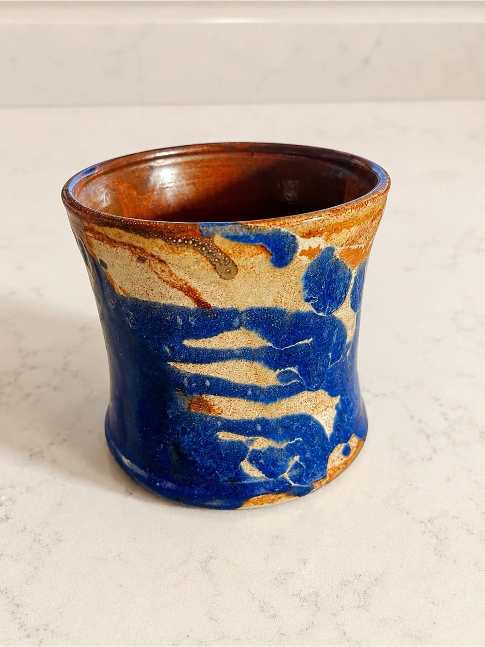 Signed Handmade Studio Pottery Leaf Tumbler Vase Blue Brown Glaze